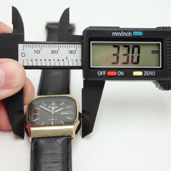 Vintage Pulsar Gold Tone Tank Watch 33mm Day Date Black Leather w New Battery main image 11